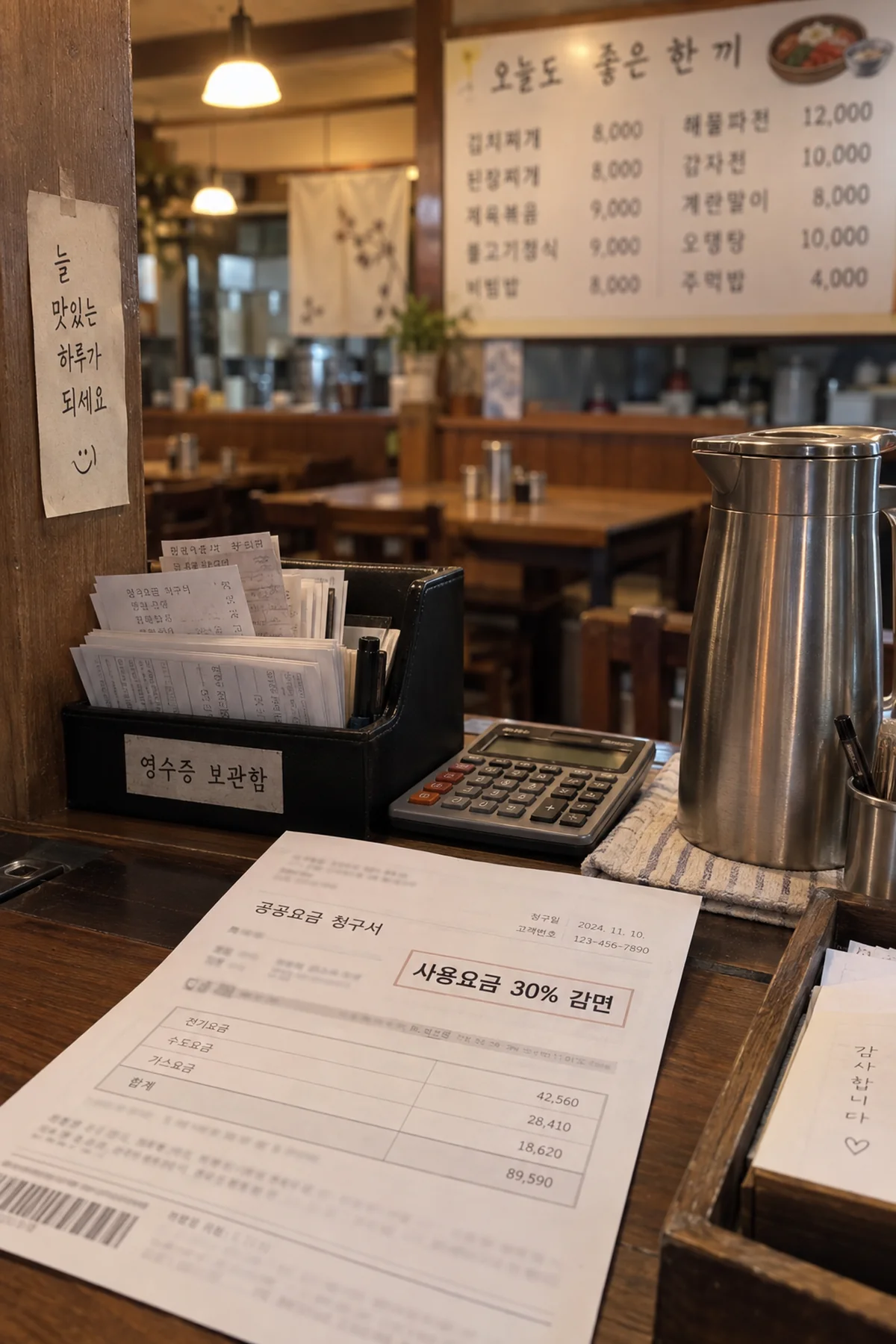 식당 계산대에서 상수도요금 30퍼센트 감면을 확인하는 모습