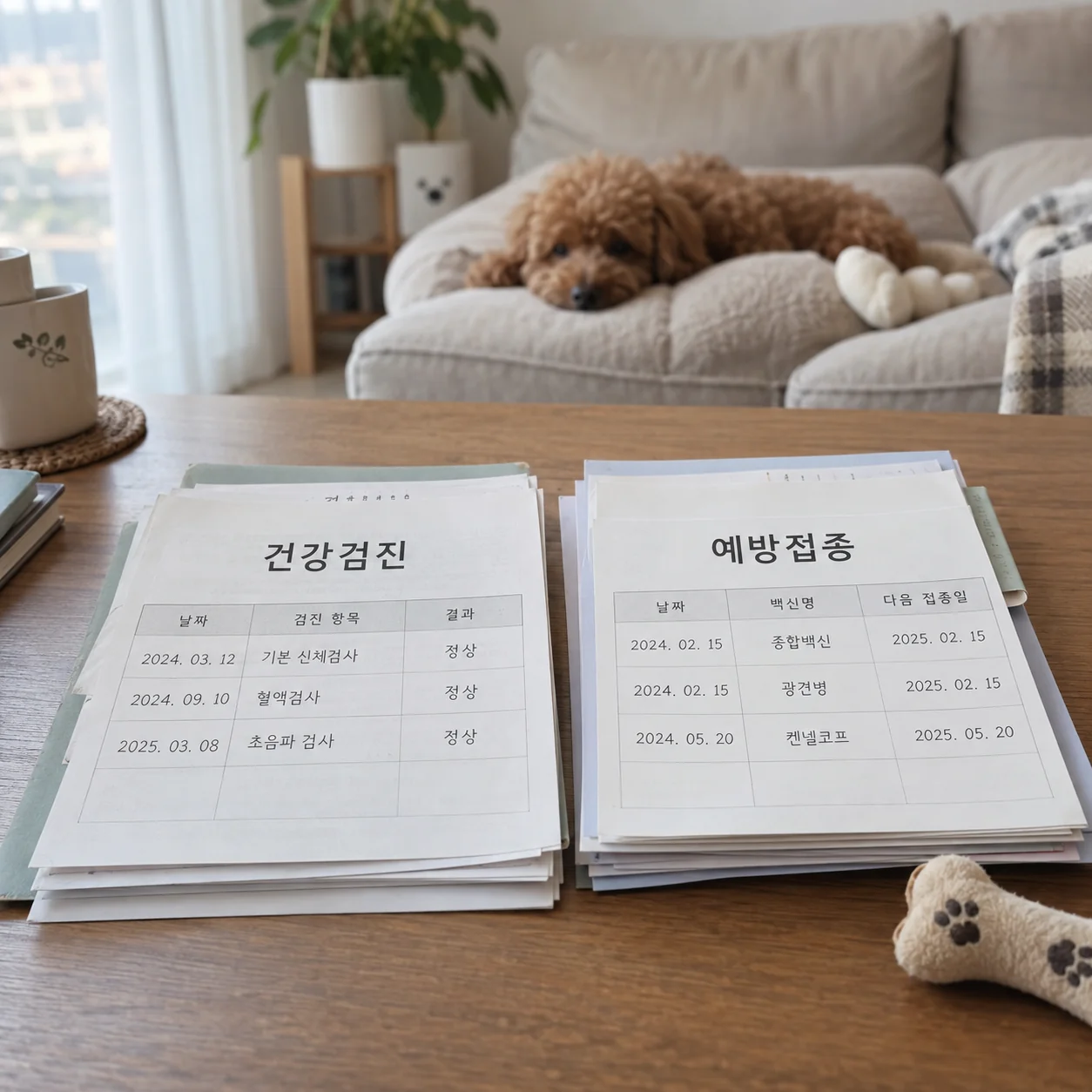 푸들의 검진과 예방접종 기록을 구분해 확인하는 서류