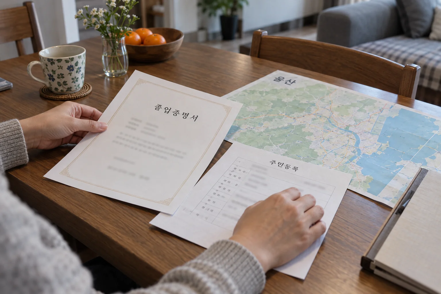 울산 거주와 고등학교 졸업 요건을 확인하는 서류
