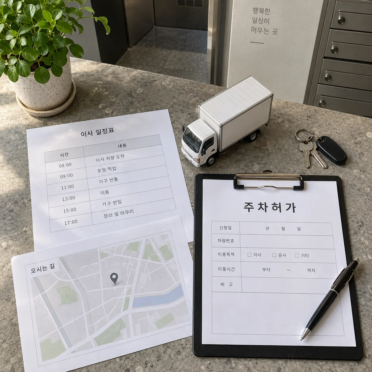이사 트럭 주차 위치와 시간을 확인하는 서류와 지도
