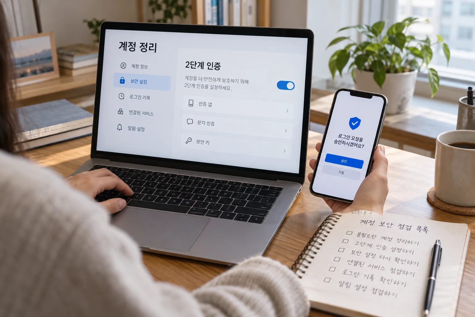 노트북에서 미사용 계정을 정리하고 이중 인증을 설정하는 모습