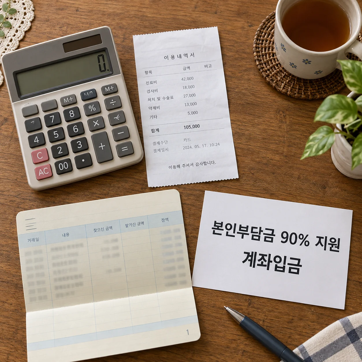 본인부담금 90퍼센트 계좌입금 지원을 보여주는 서류