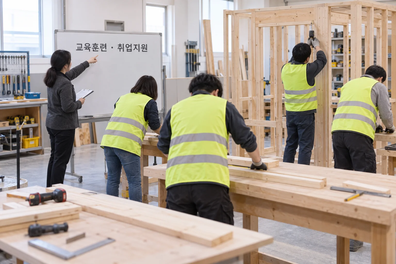 건설 실습 교육과 취업 상담이 함께 진행되는 훈련 현장