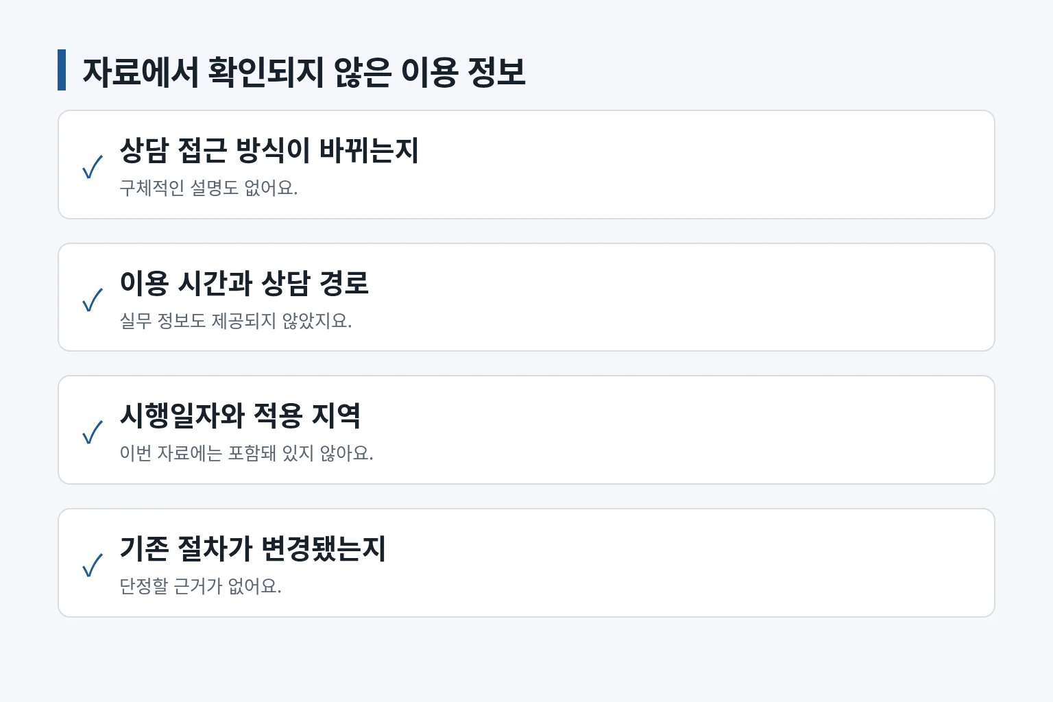청소년상담 1388 이용 변화 확인에 필요한 정보가 제시되지 않았음을 정리한 체크리스트입니다