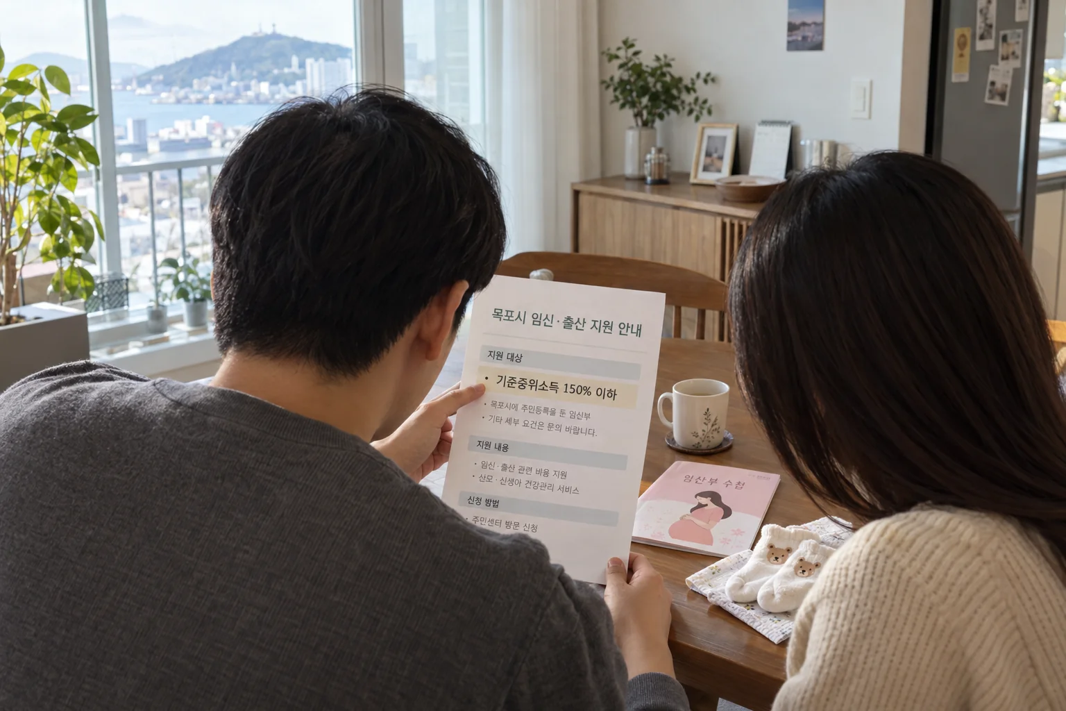 목포시 출산가정이 소득기준 안내문을 확인하는 모습