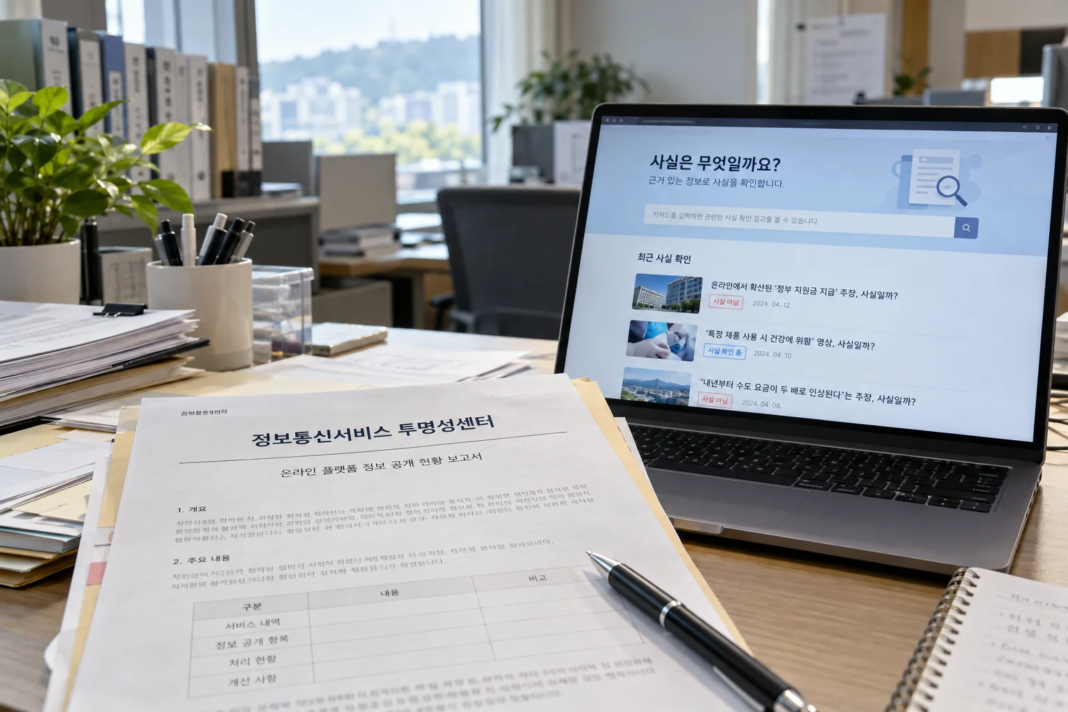 공식 출범 안내문과 정보 확인 자료를 살피는 책상