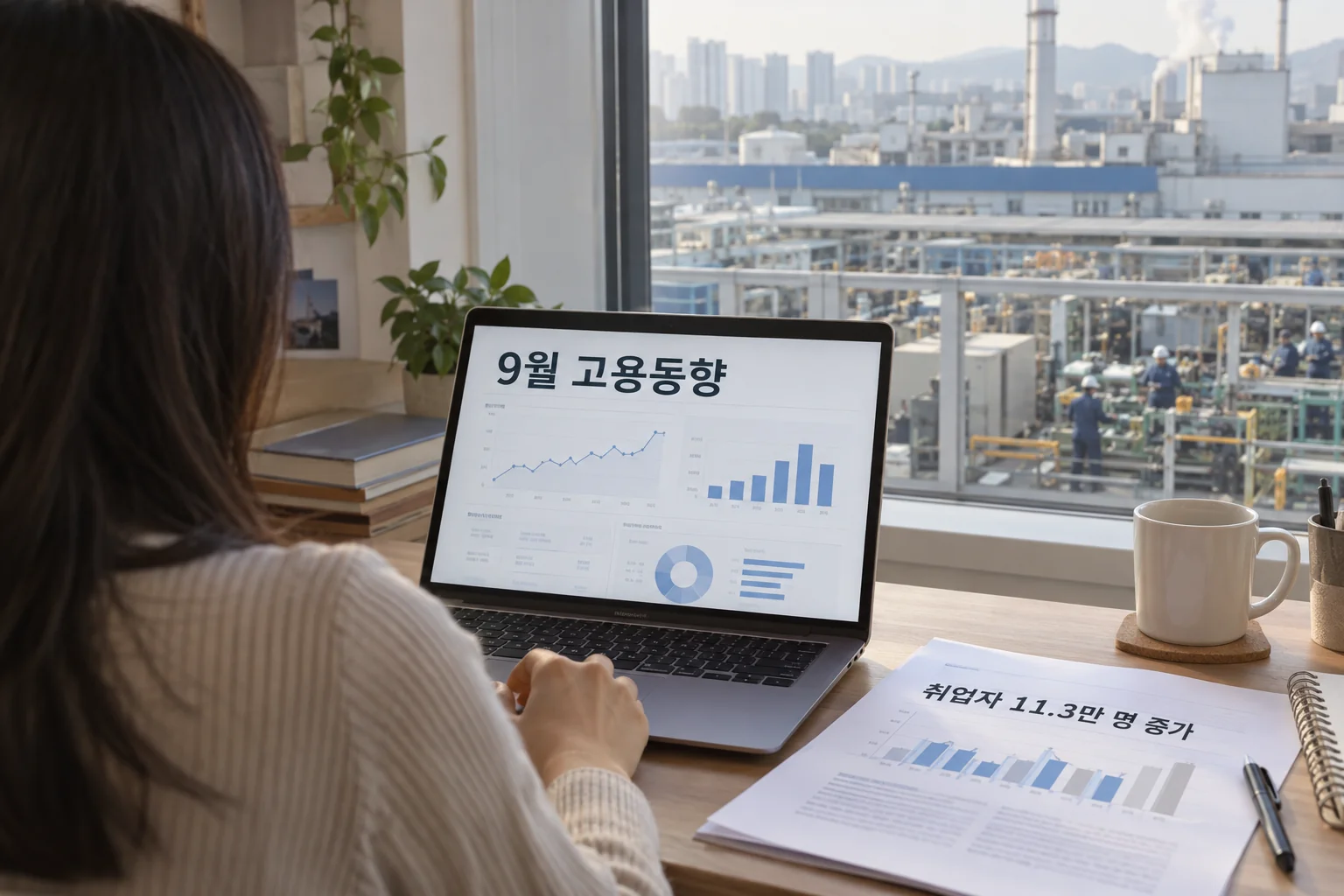 제조 현장과 고용 통계를 함께 살피는 구직자의 모습