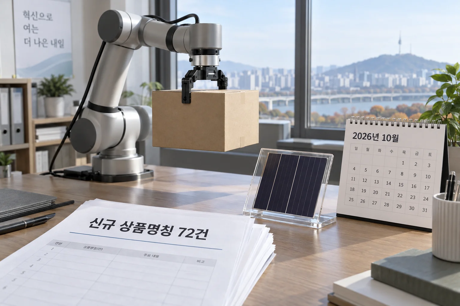 물류창고 협동로봇과 태양전지 모형이 놓인 신규 상품명칭 자료