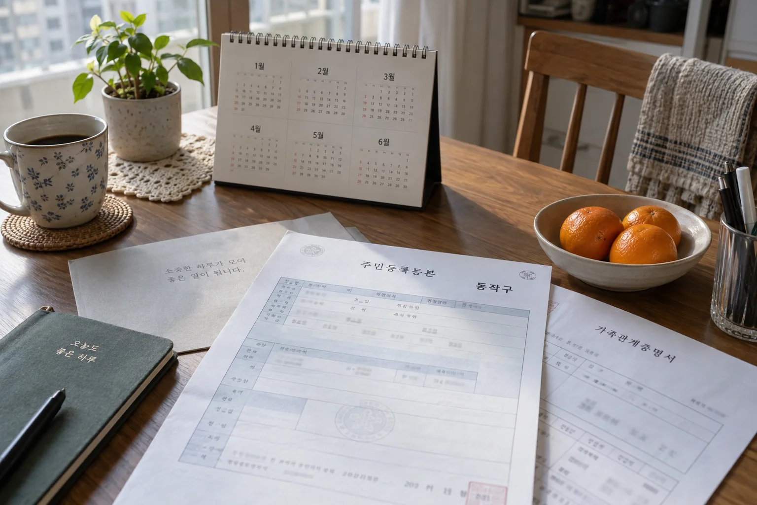 동작구 거주 기간을 확인하는 주민등록 서류와 달력