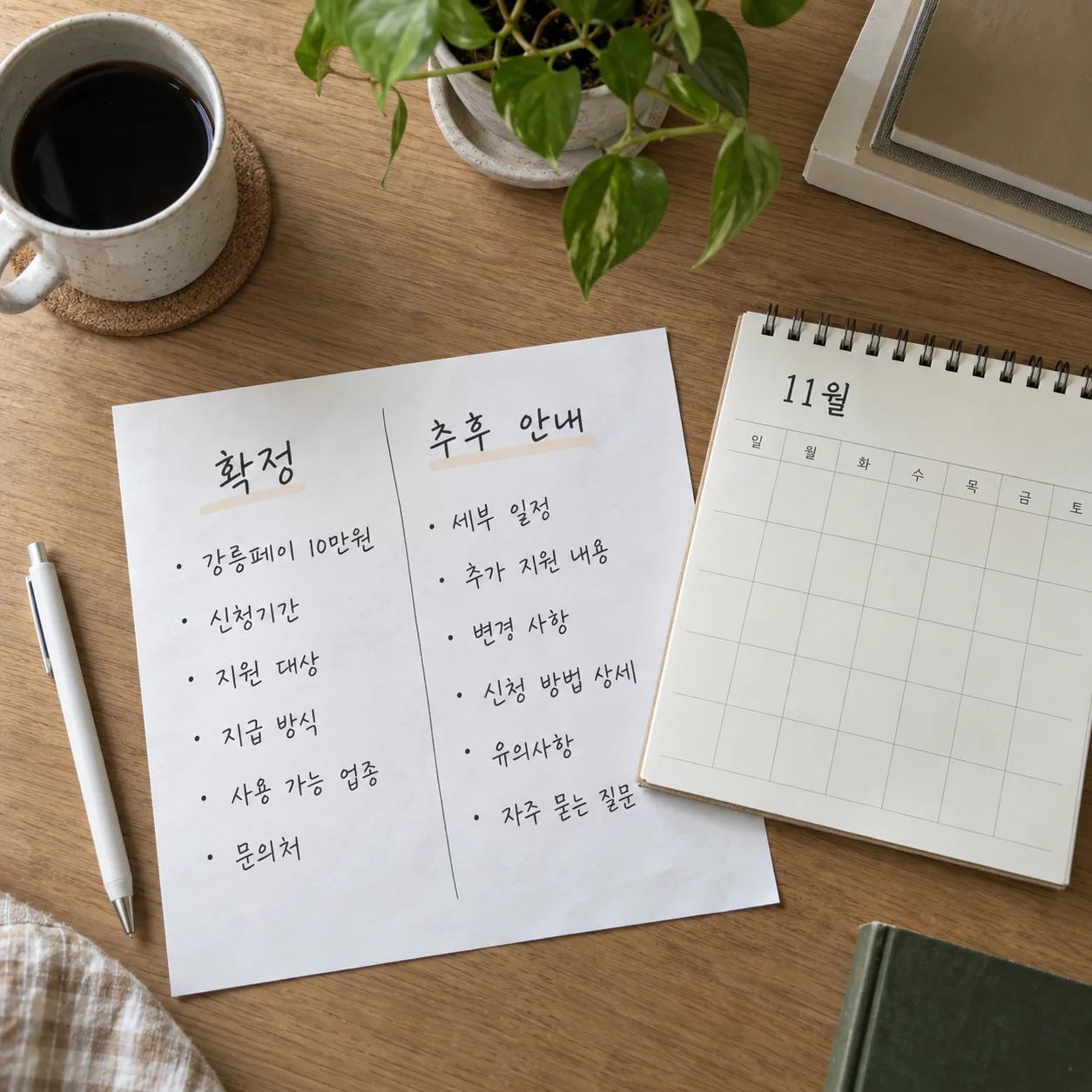 확정 내용과 미공개 항목을 나눠 확인하는 안내문과 달력