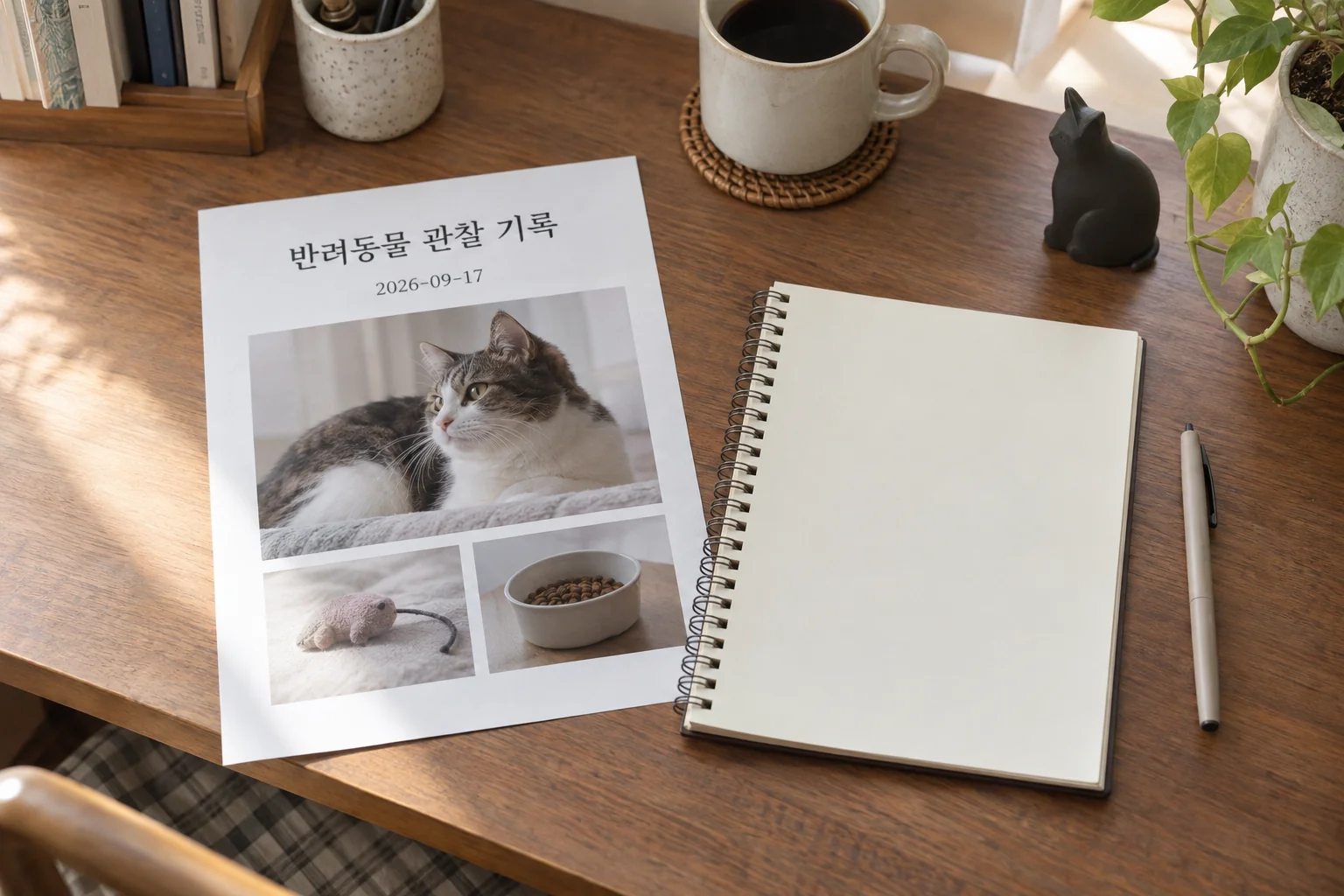 기사 정보와 반려동물 관찰 기록을 구분해 놓은 책상