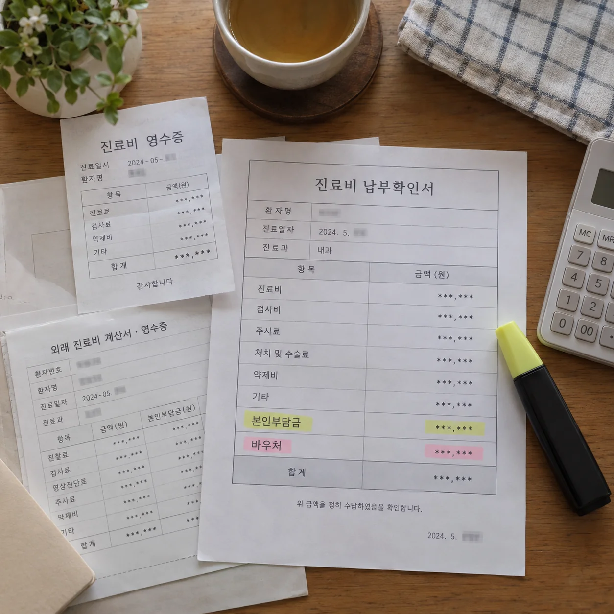 검사비 영수증과 바우처 사용 내역을 구분하는 모습