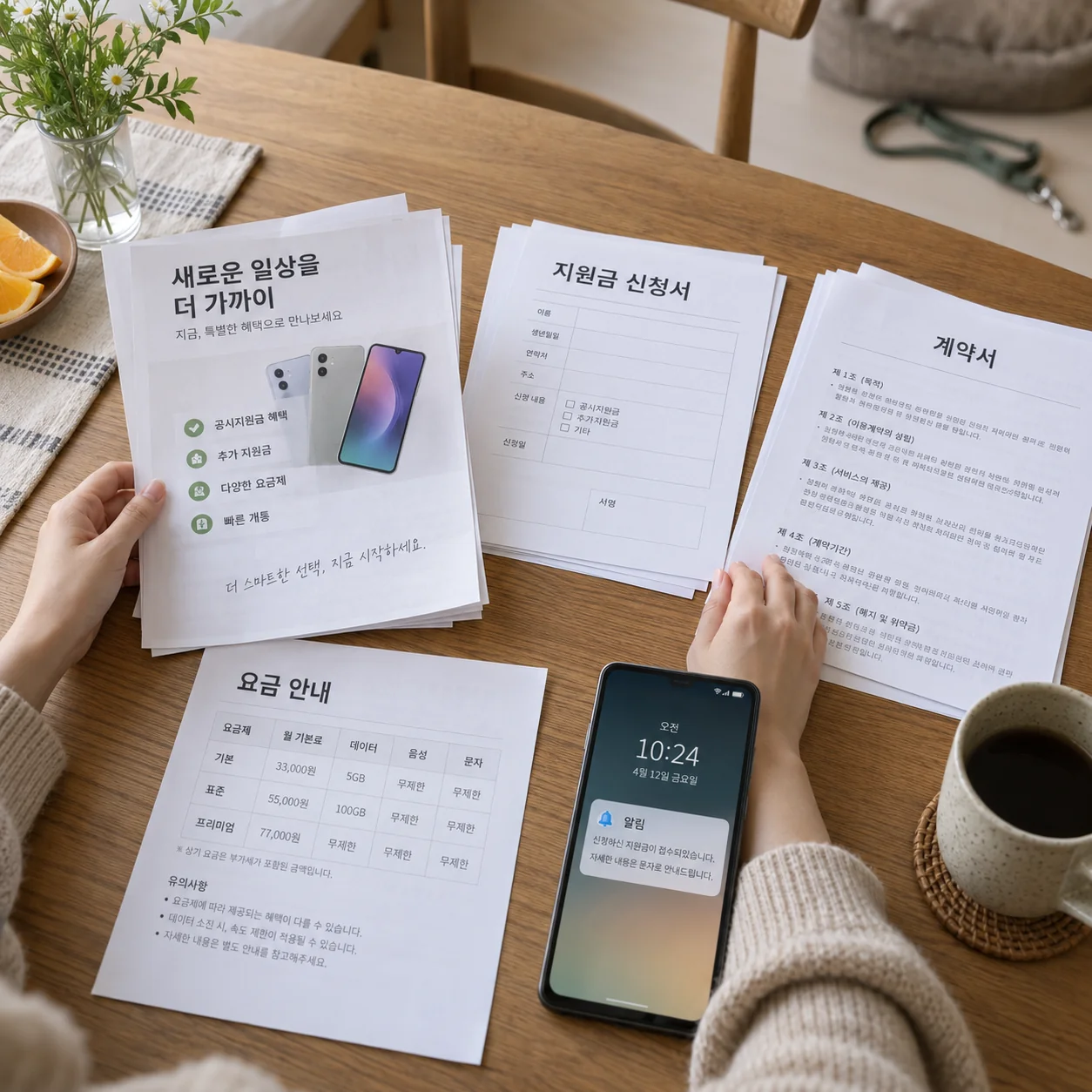 광고 화면과 계약서를 나란히 대조하는 소비자 손