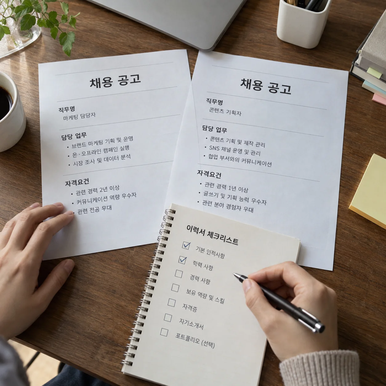 채용 공고의 직무와 자격요건을 항목별로 대조하는 모습