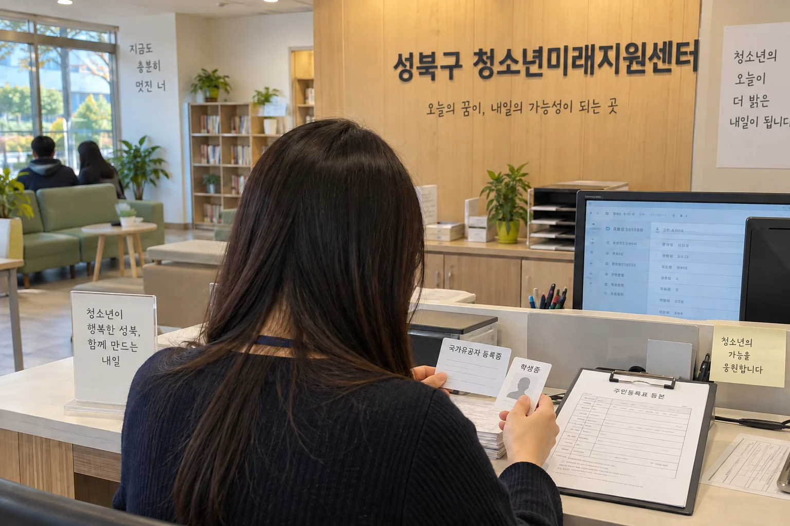 성북구 청소년미래지원센터 안내 데스크에서 자격 조건을 확인하는 모습