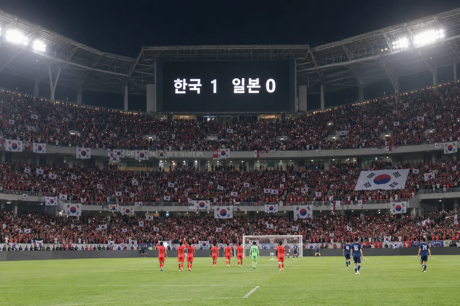 한국과 일본의 결승전 결과를 알리는 전광판과 경기장 전경