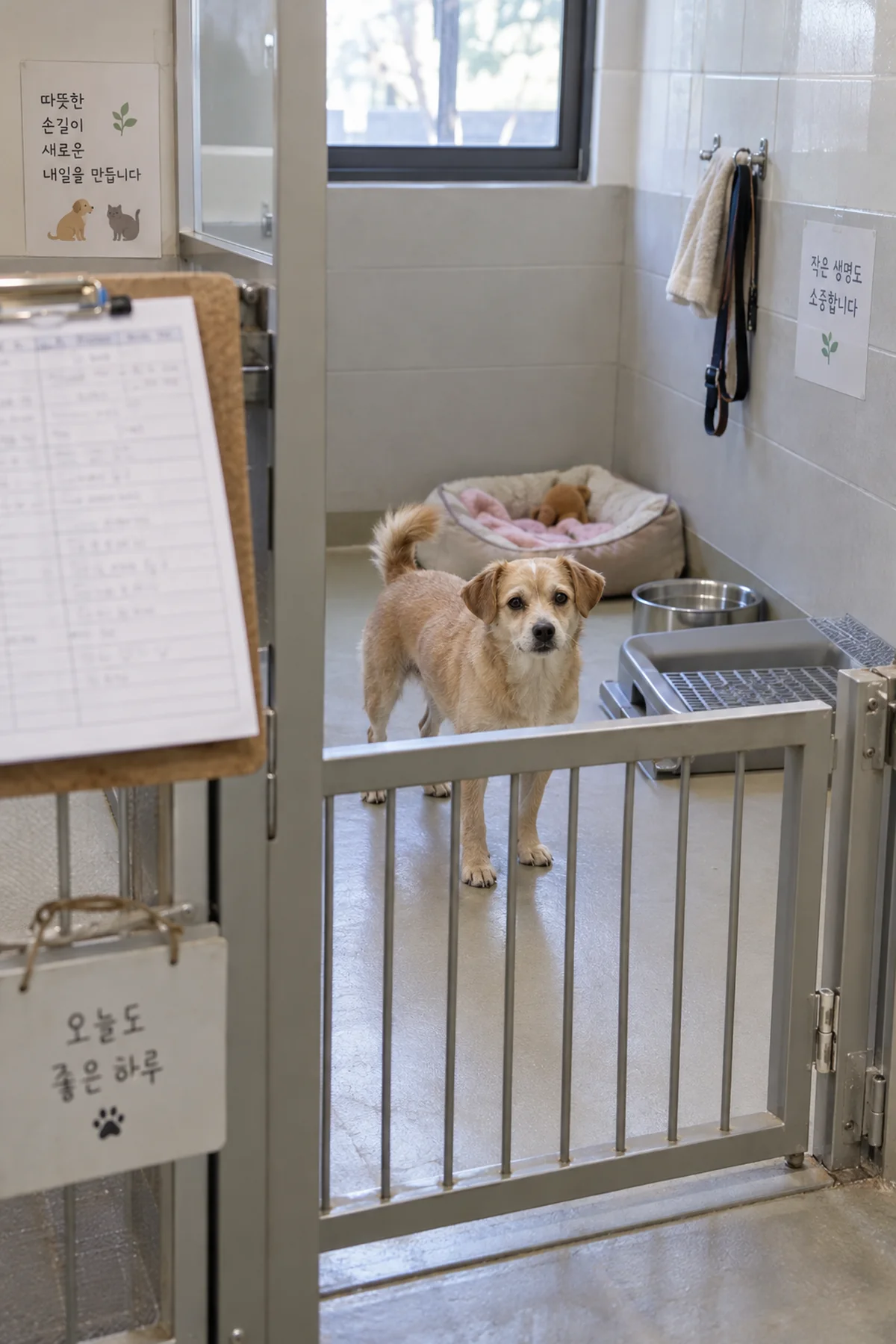 보호소 견사 밖에서 안전거리를 두고 관찰하는 작은 황갈색 믹스견