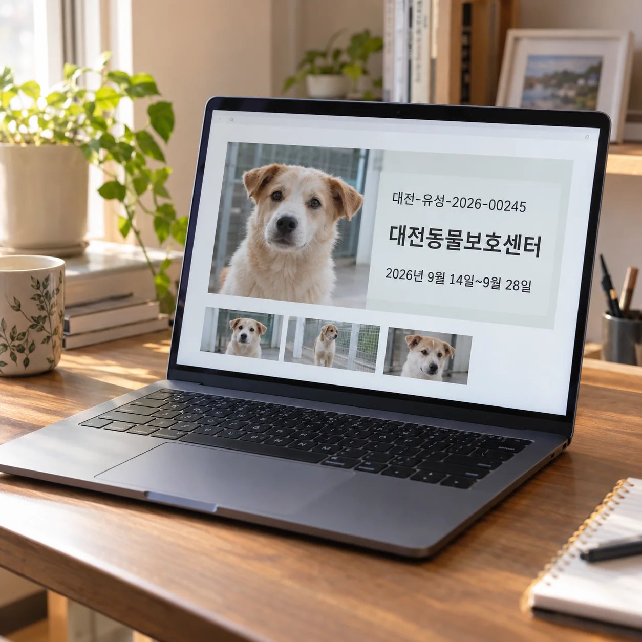 공식 공고 화면에서 보호처와 기간을 확인하는 노트북