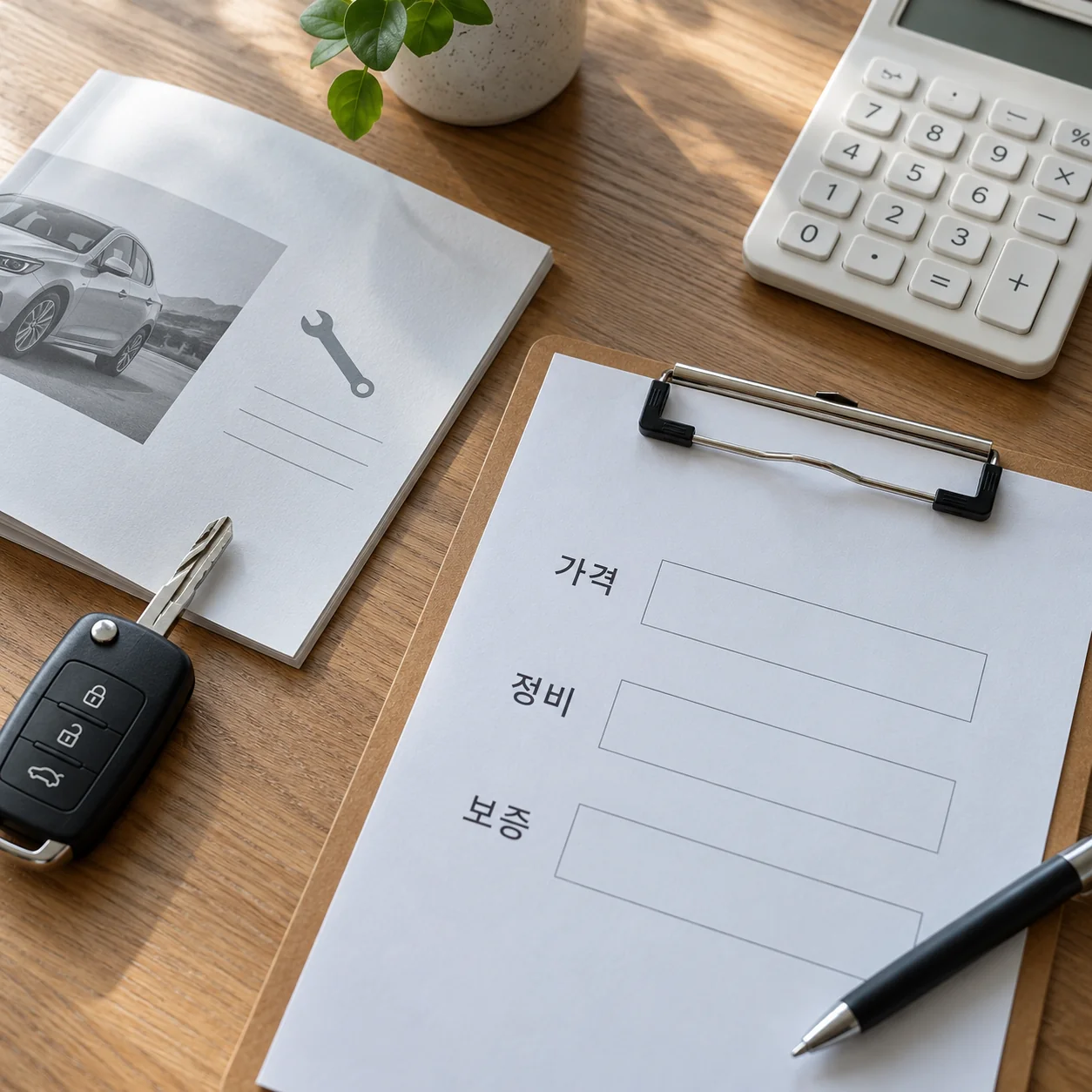 유지비 항목이 비어 있는 차량 정보 확인용 서류와 열쇠