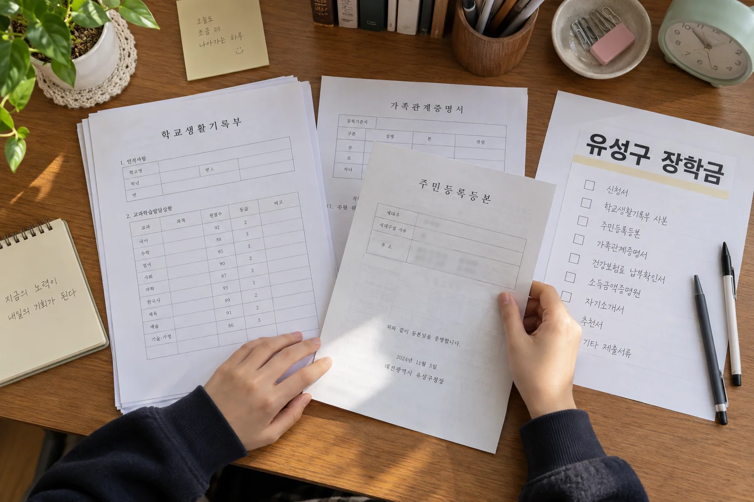 유성구 고등학생 장학금 대상 조건을 확인하는 서류와 성적표