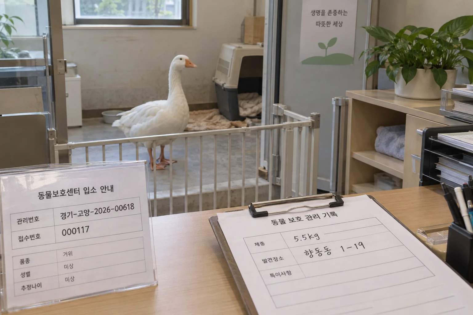 흰색 거위와 공고 식별 정보를 함께 확인하는 장면