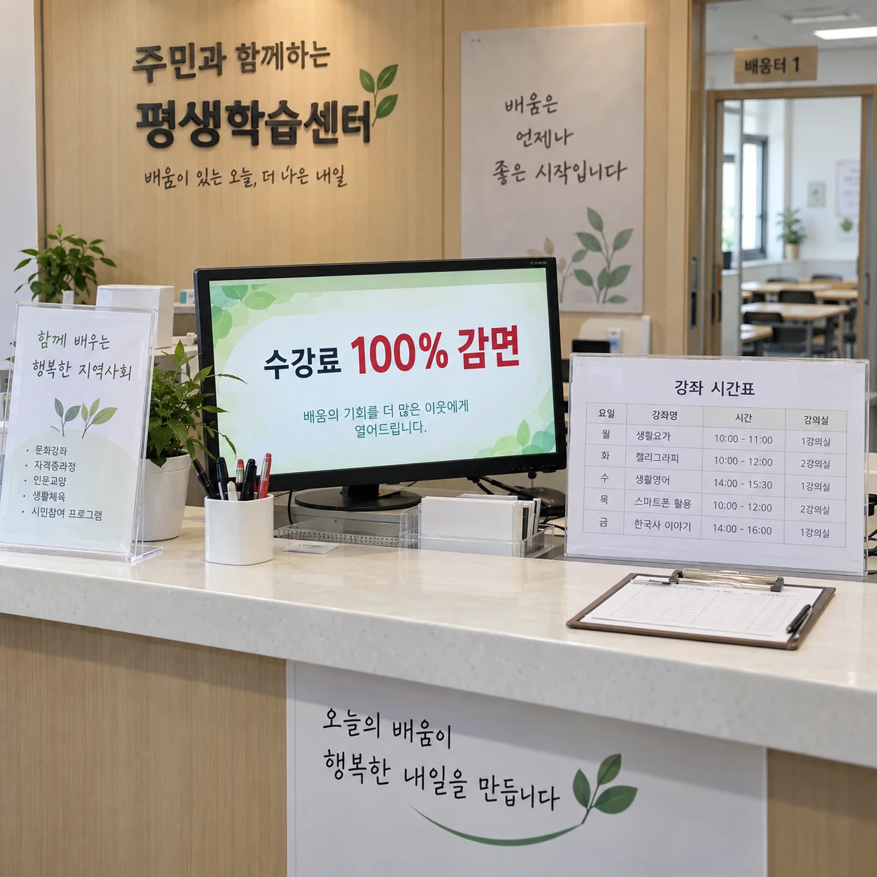 평생학습센터 수강료 전액 감면 안내를 보는 장면