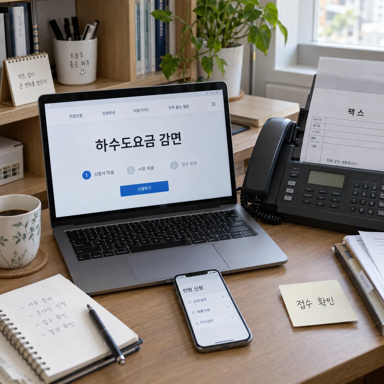 정부24 신청 화면과 팩스 접수 확인 메모를 준비한 책상