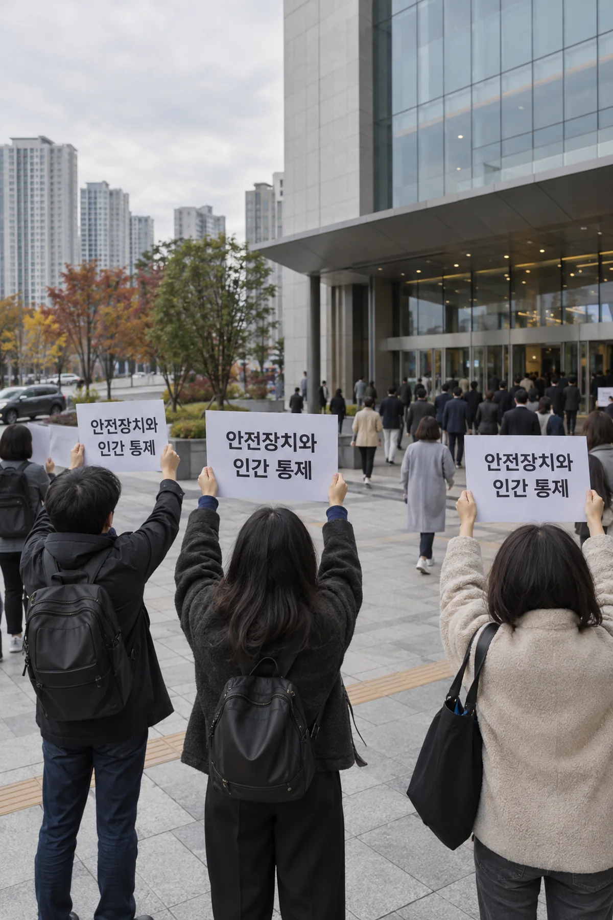 기술 행사장 밖에서 안전한 AI를 요구하는 피켓을 든 시위대