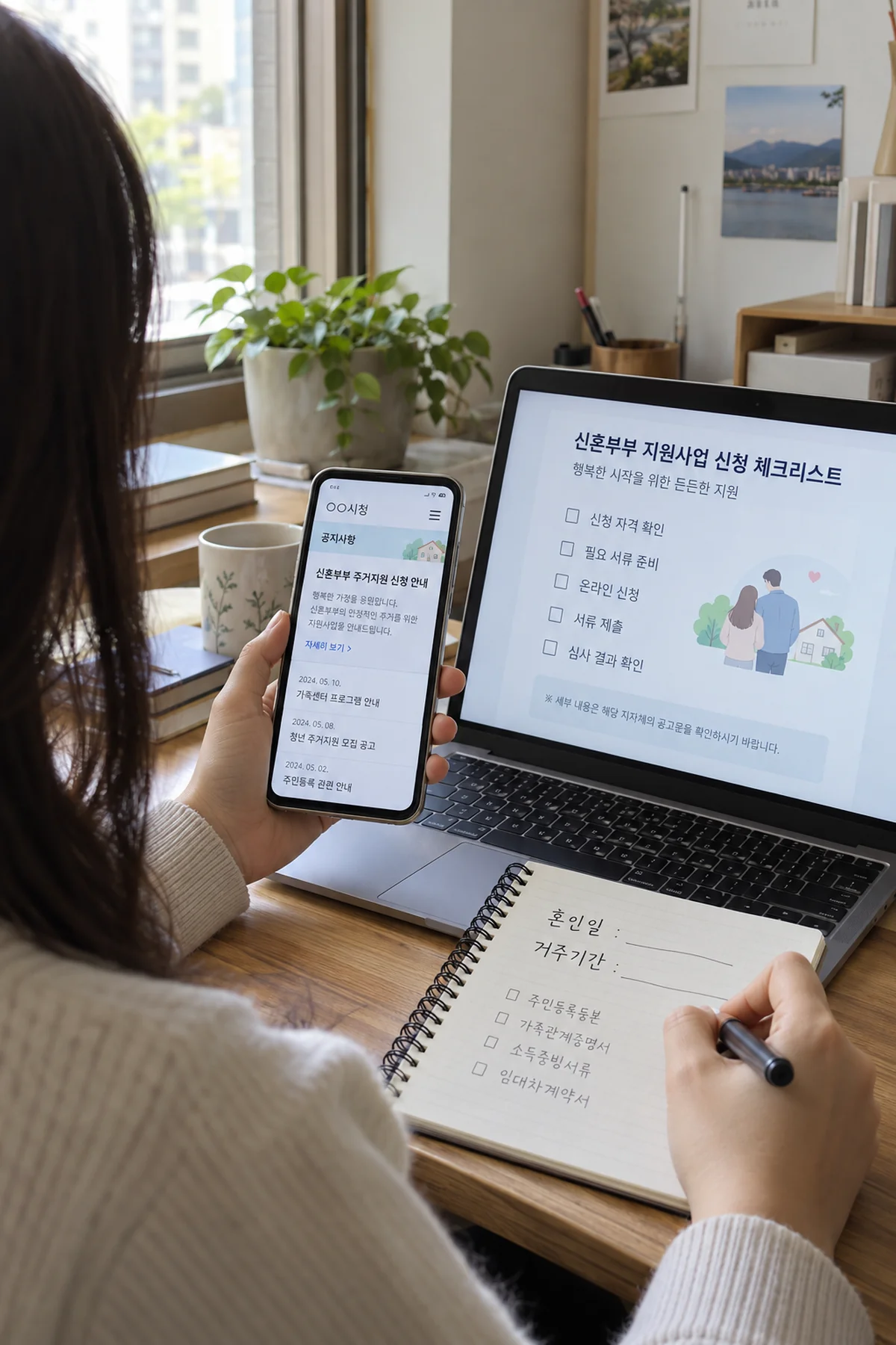 정부24와 주소지 시군 안내를 순서대로 확인하는 노트북 화면