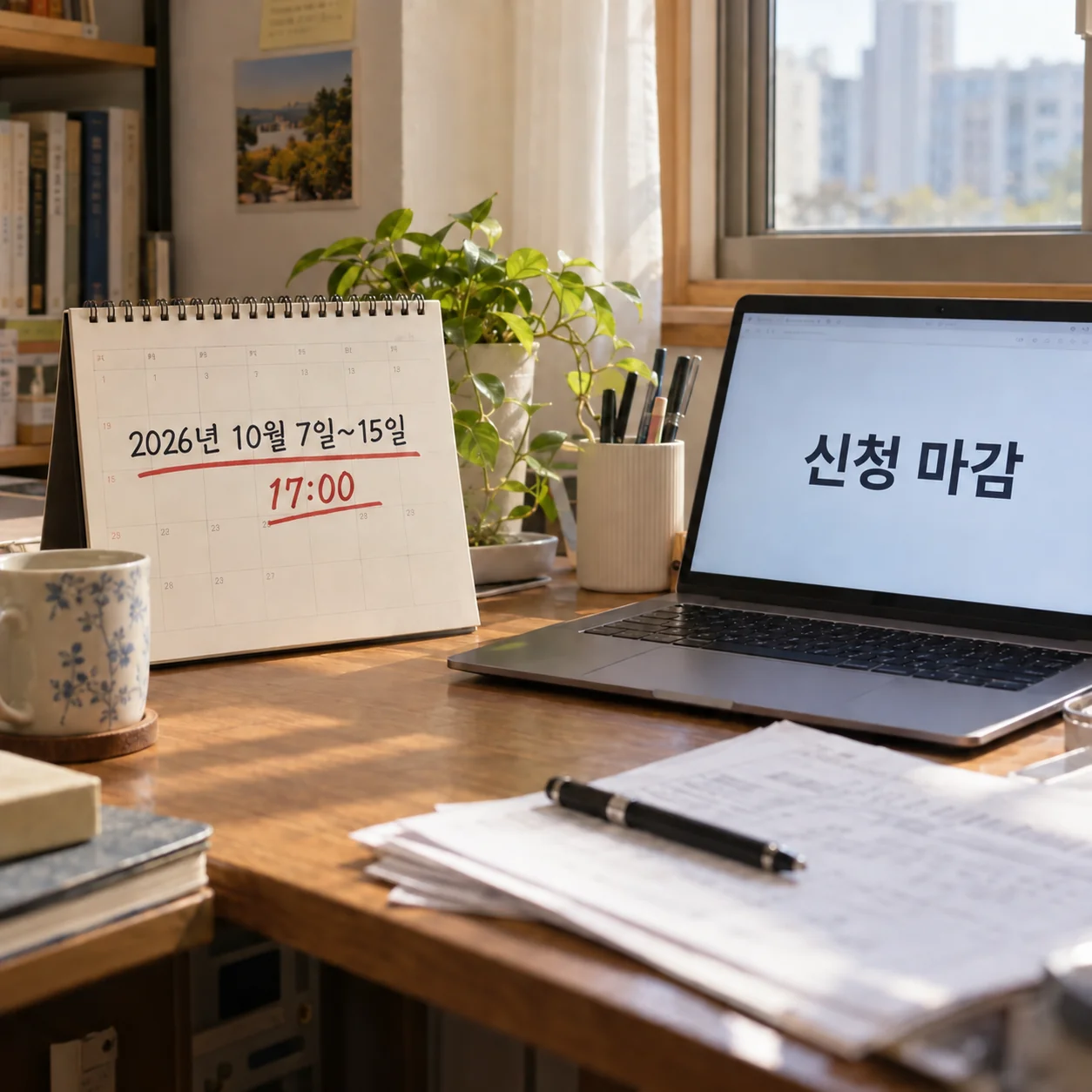 10월 15일 오후 5시 온라인 접수 마감을 표시한 달력과 노트북