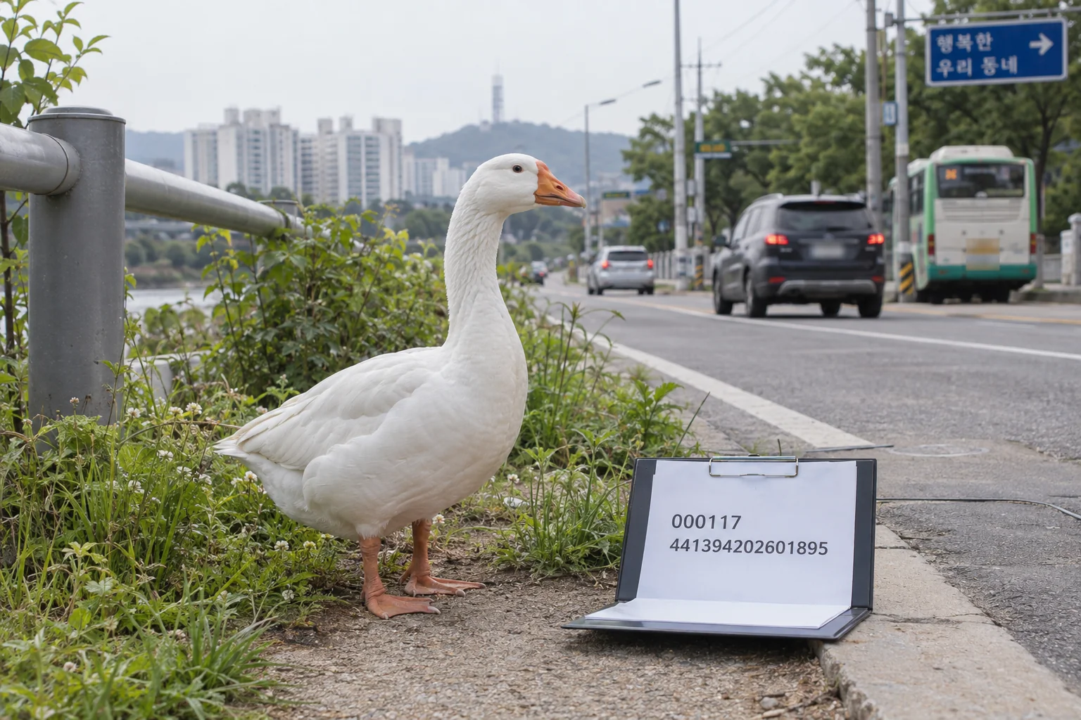 향동동 인근에서 흰색 거위와 공고 정보를 대조하는 모습
