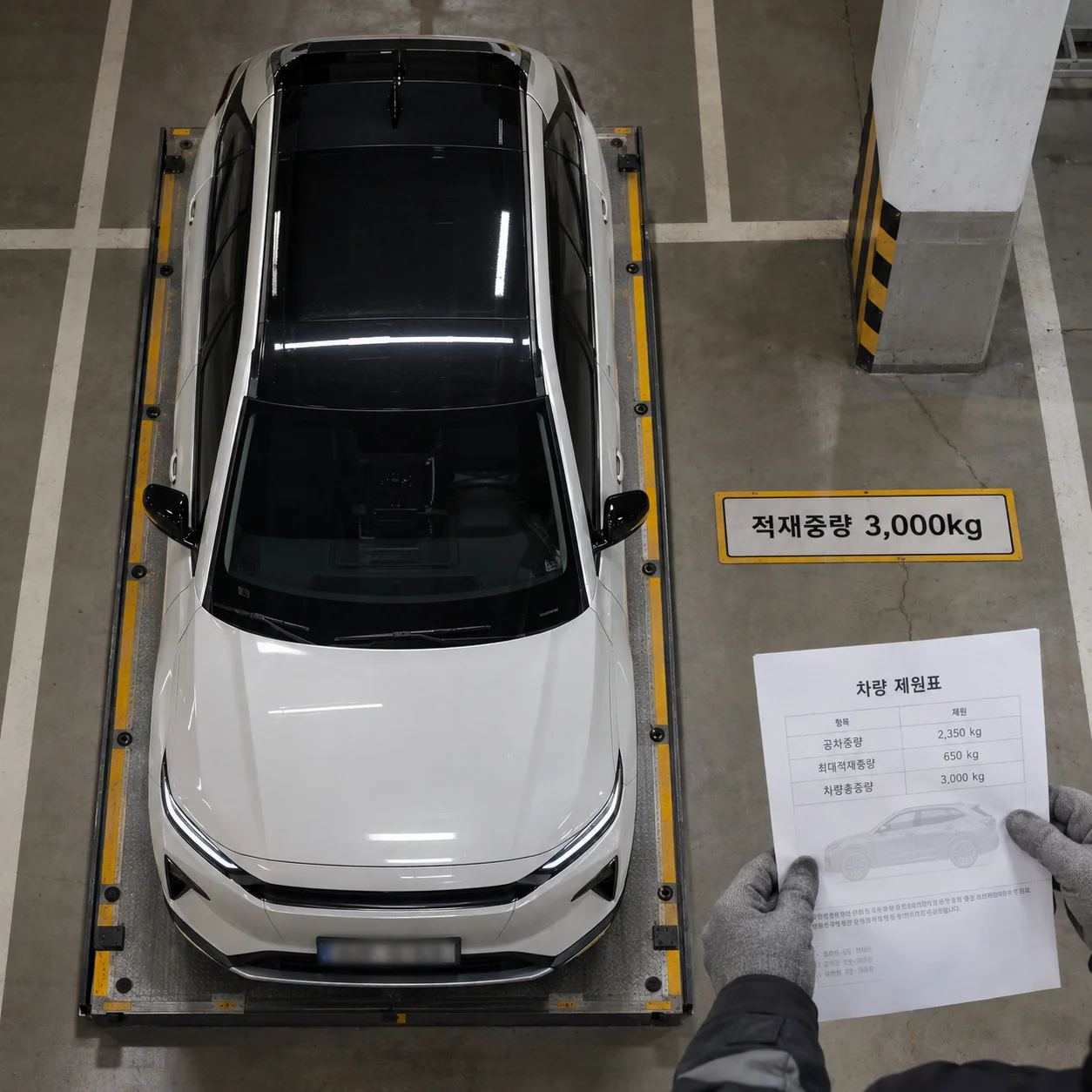 주차 바닥의 적재중량과 차량 중량을 확인하는 점검 장면
