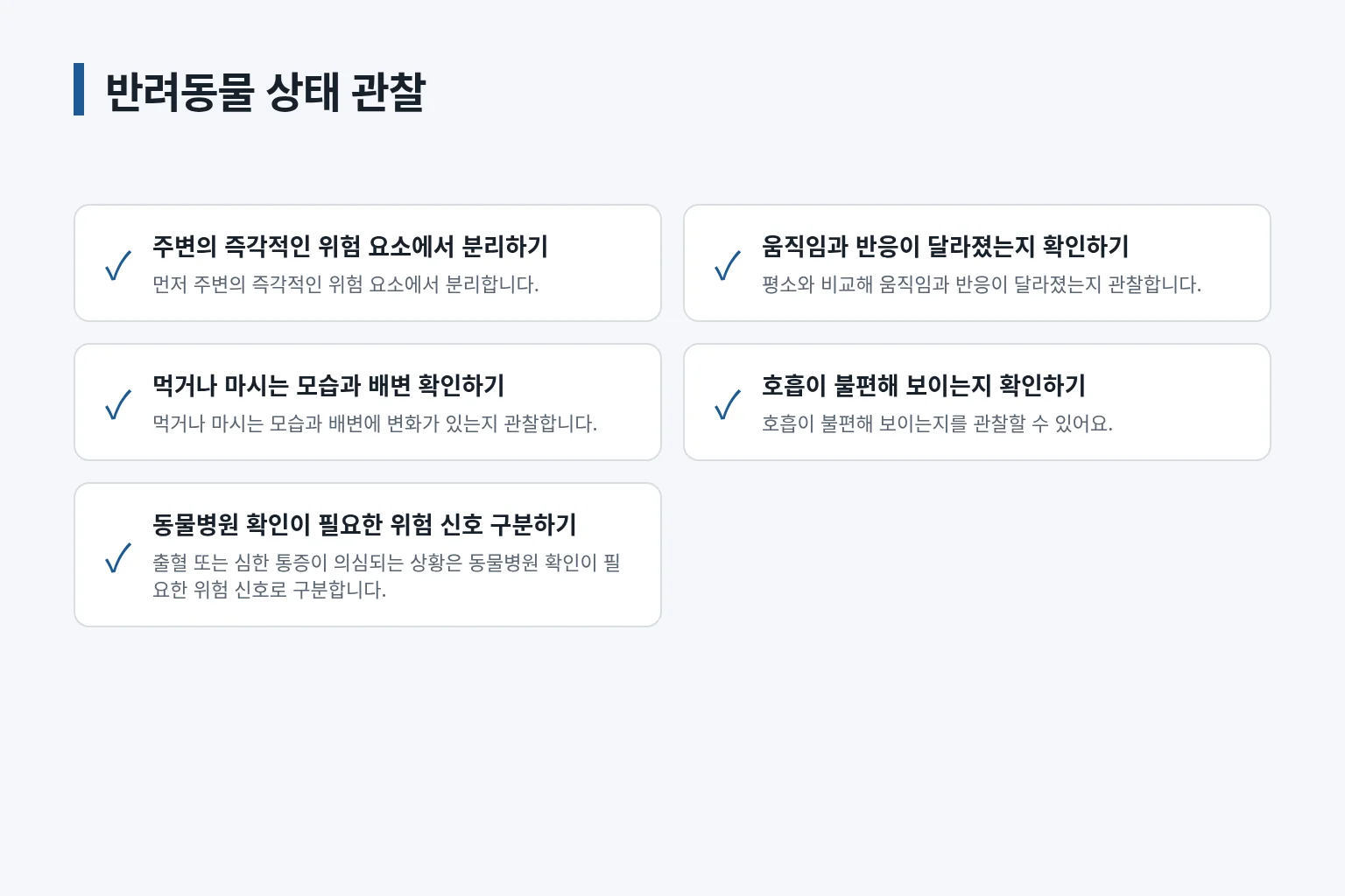 반려동물 상태를 관찰할 때 확인할 위험 신호를 정리한 정보 그림입니다