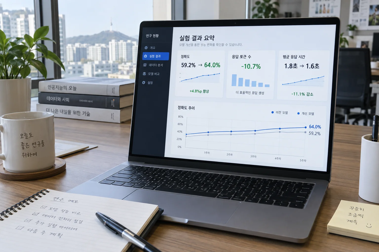 노트북 화면의 정확도 상승과 토큰 감소 그래프