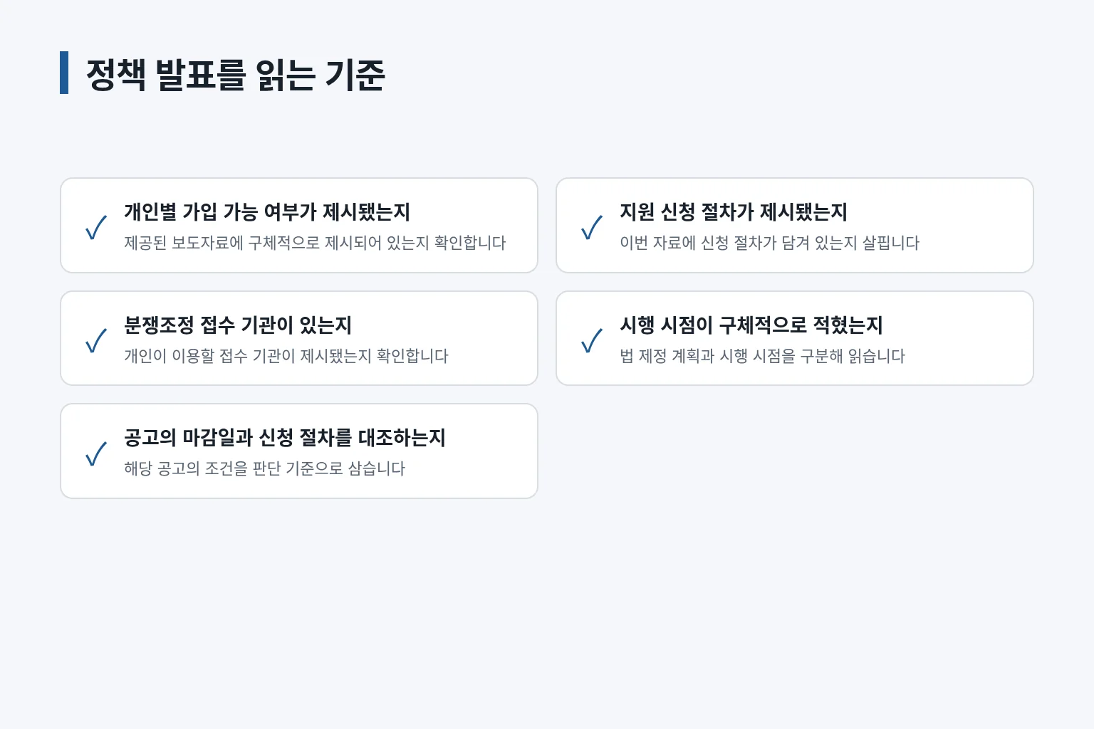 정부 계획과 현재 확인 가능한 정보를 구분하는 점검표입니다