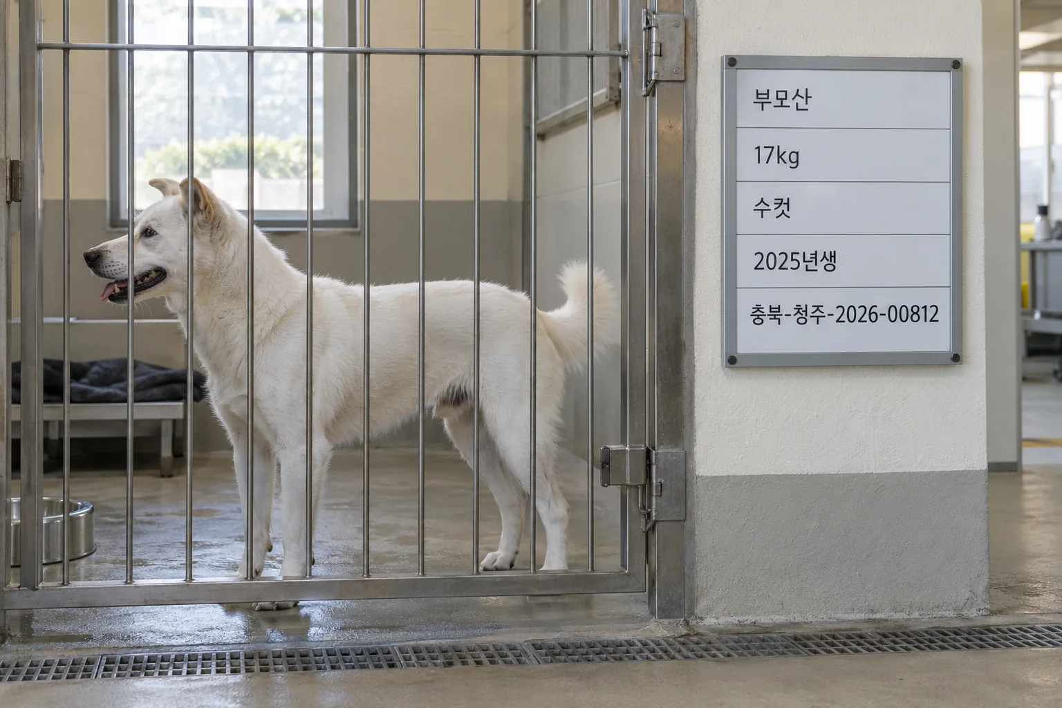 부모산 발견 정보가 적힌 흰색 믹스견 보호 공고 화면