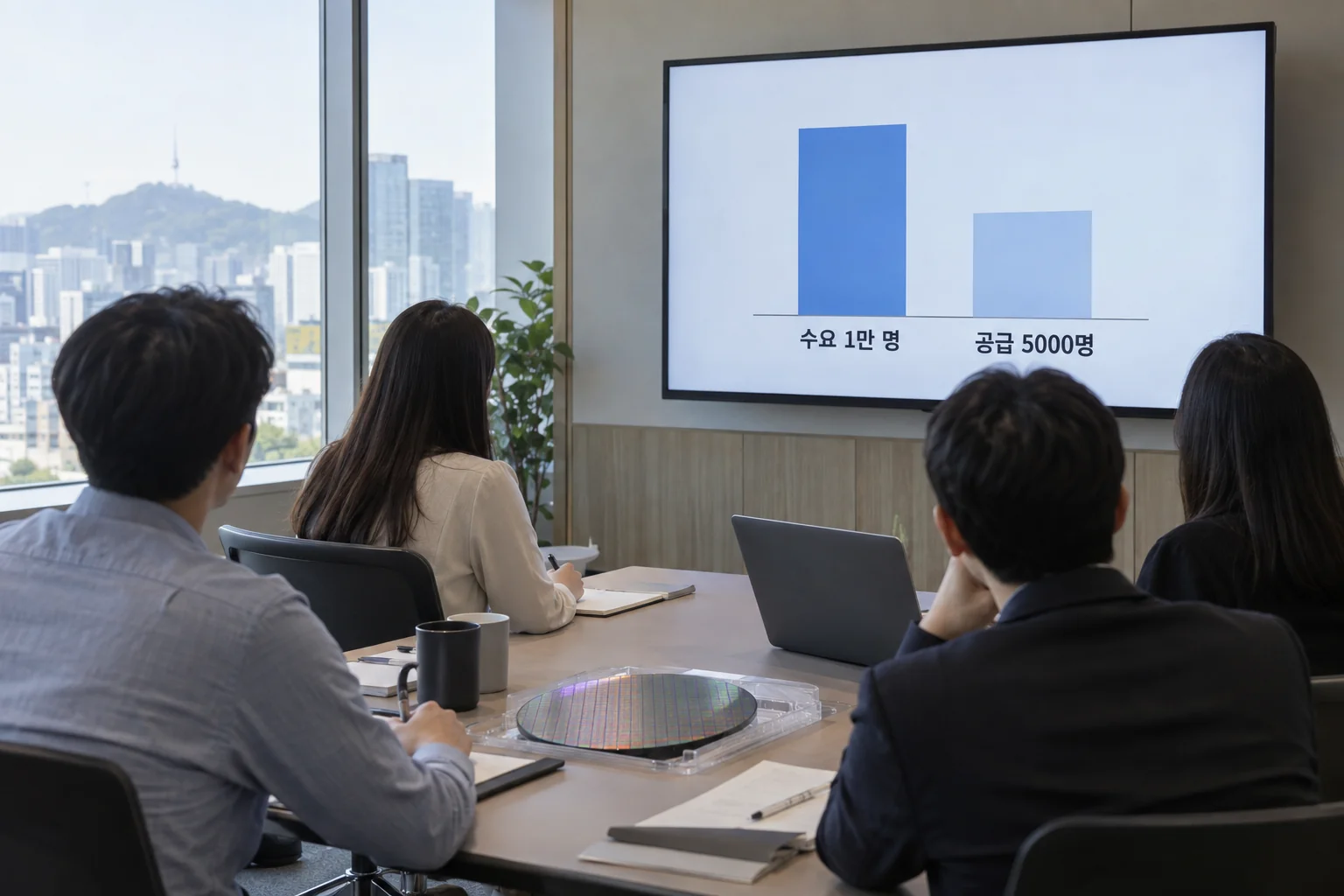 반도체 인력 수요와 공급 격차를 보여주는 회의실 그래프