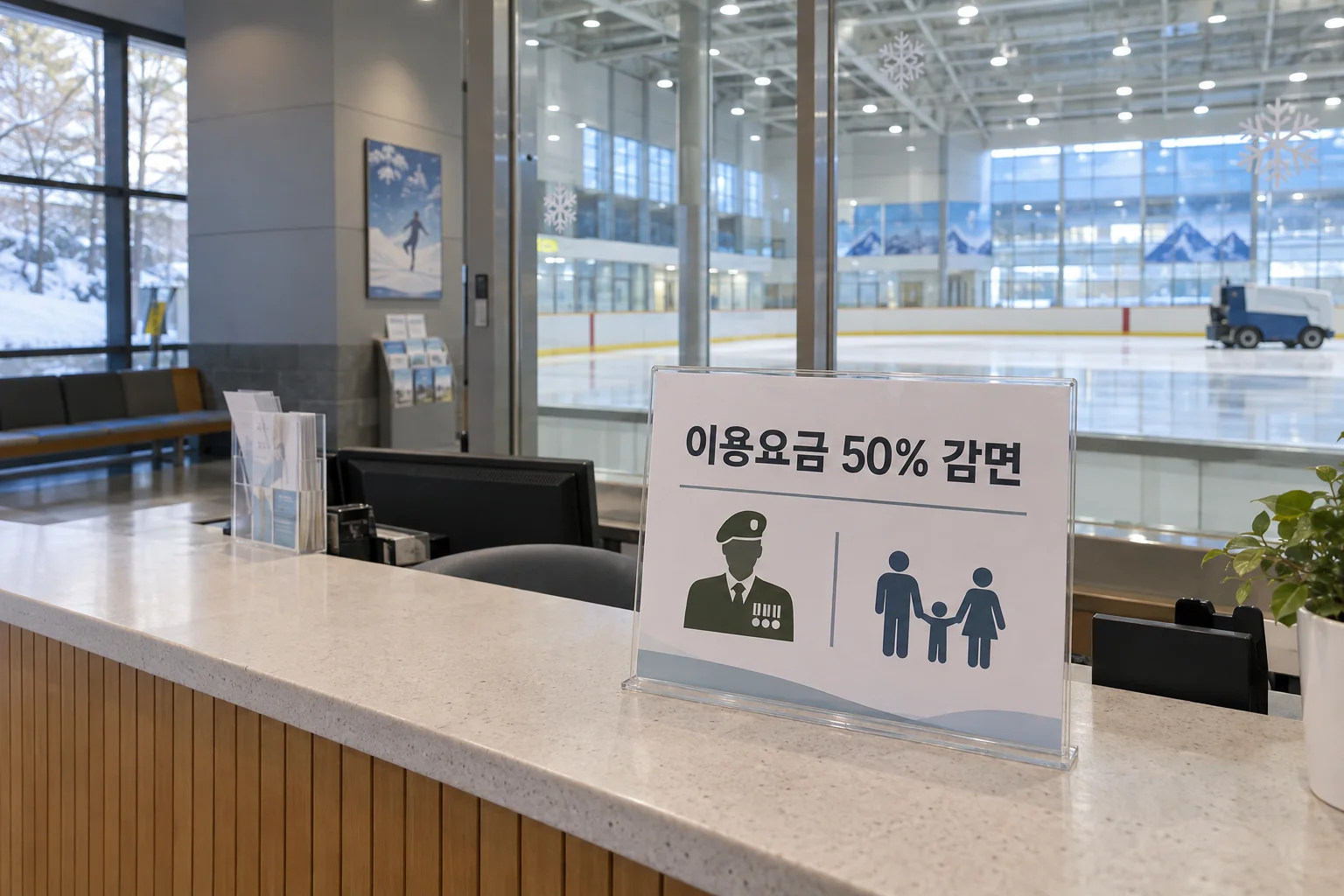 대구 실내빙상장 안내 데스크의 50% 감면 대상 안내문