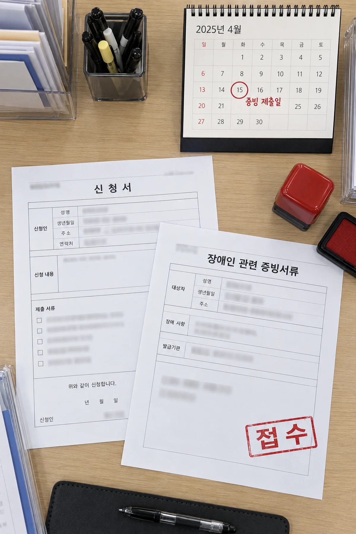 증빙 제출일 기준 감면 적용을 표시한 신청 서류와 달력