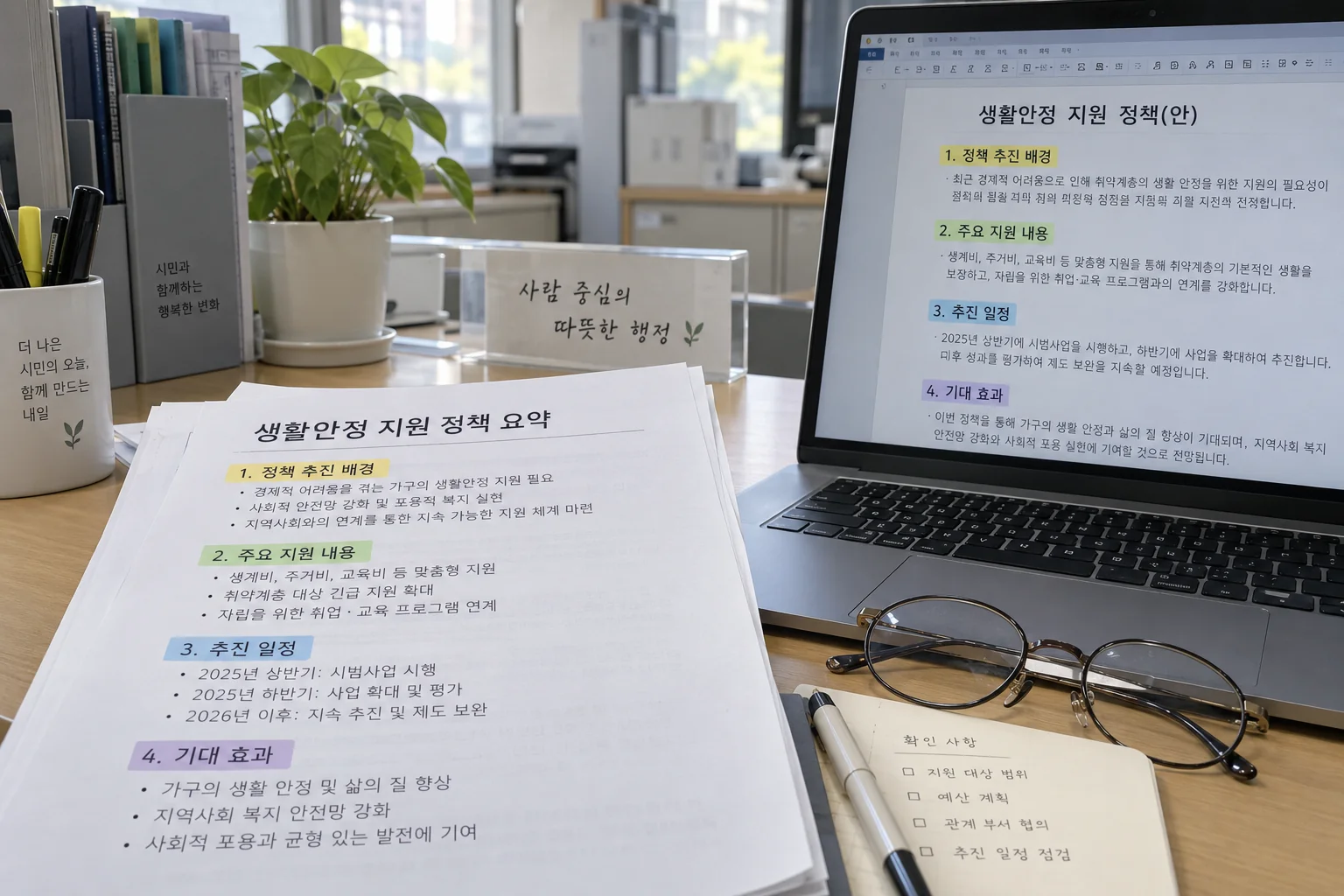 출처와 정책 요약의 내용 차이를 확인하는 문서 검토 장면