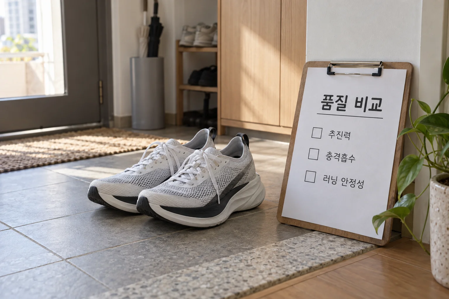 카본러닝화와 세 가지 품질 기준을 함께 확인하는 장면