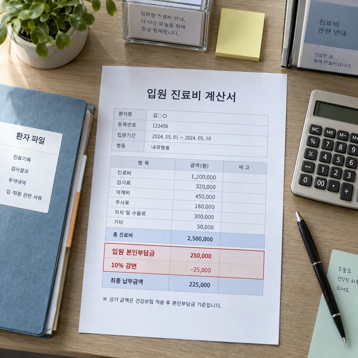 입원 본인부담금 10퍼센트 감면이 표시된 진료비 명세서