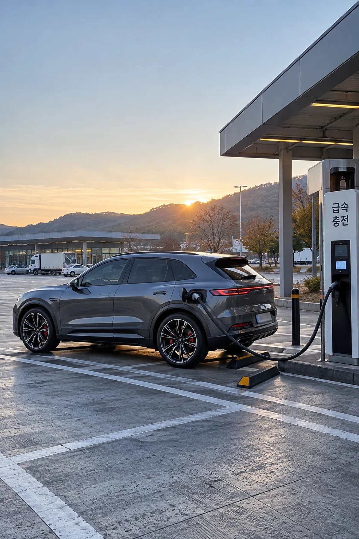 고속도로 휴게소 급속 충전기에 연결된 전기 SUV