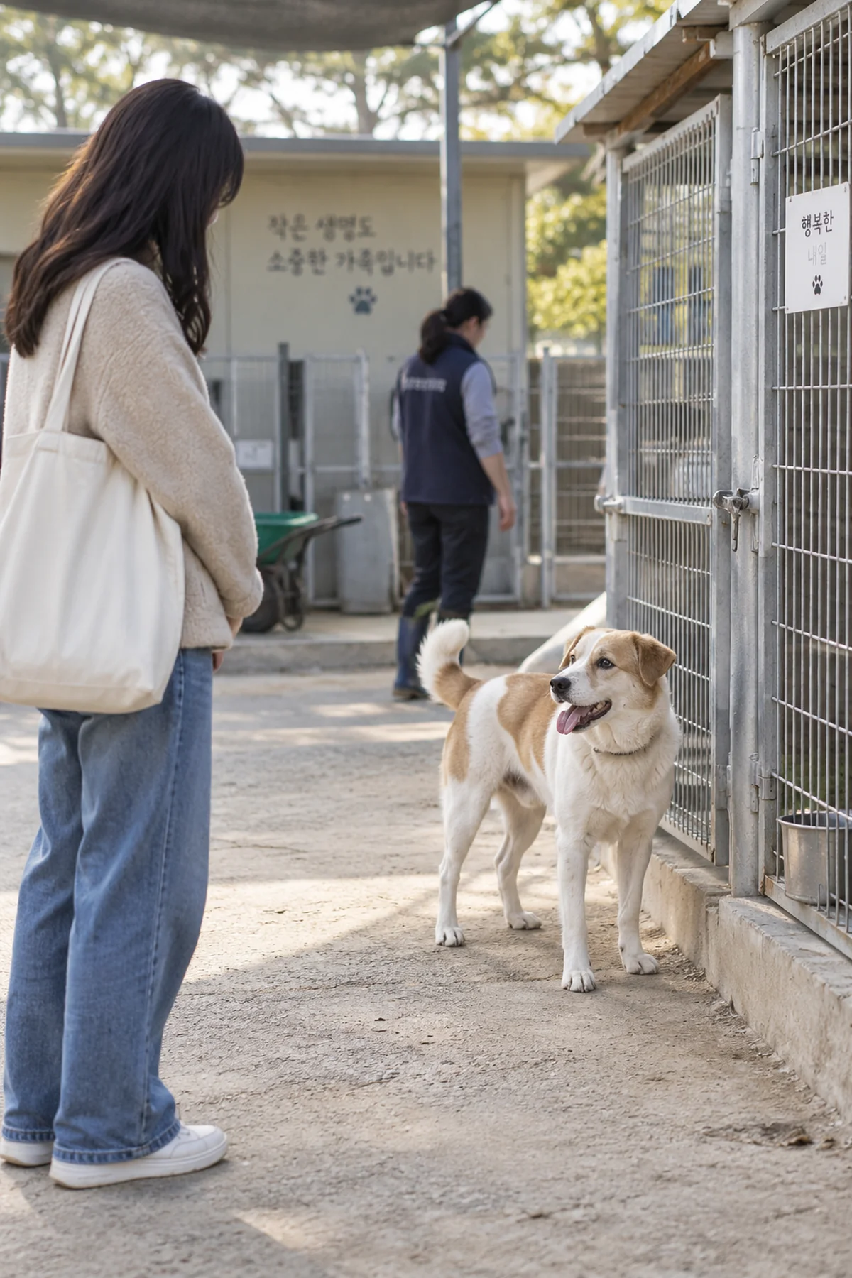 보호소에서 거리를 두고 개의 자세를 차분히 관찰하는 장면