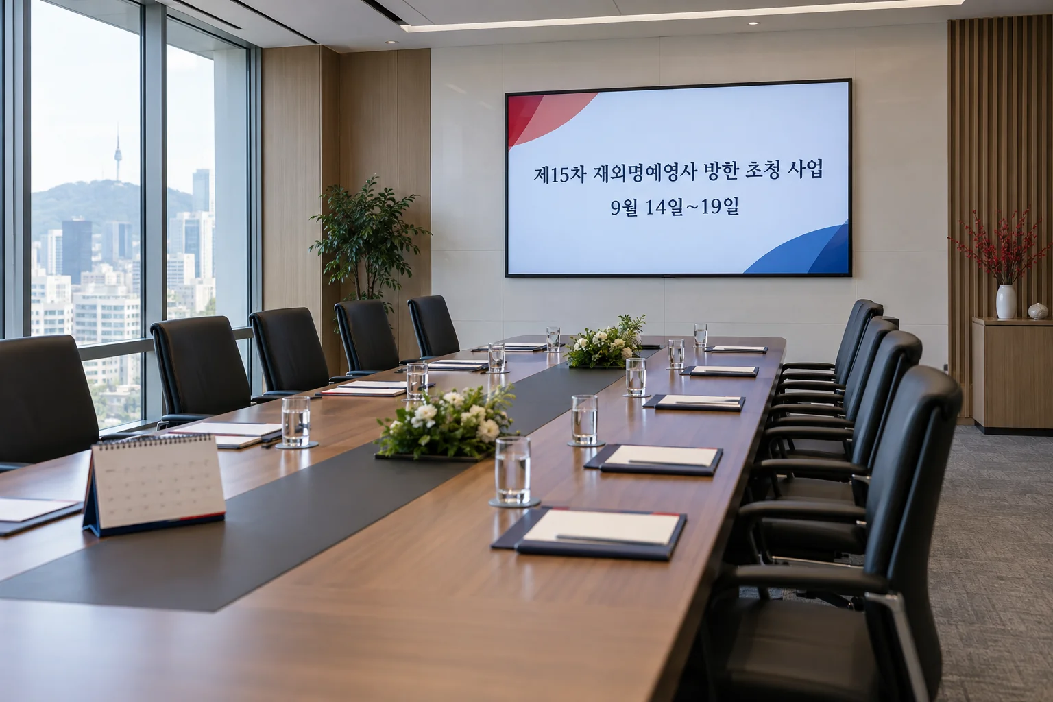 서울 회의실의 방한 초청 사업 일정 안내와 참석 준비 모습