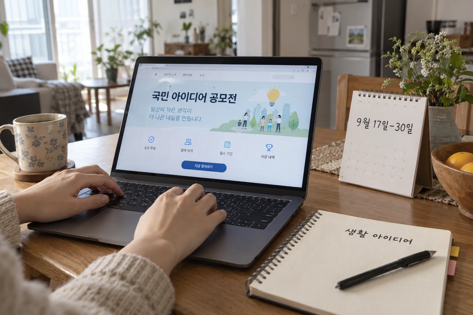 국민생각함 공모전 안내를 확인하며 아이디어를 메모하는 모습