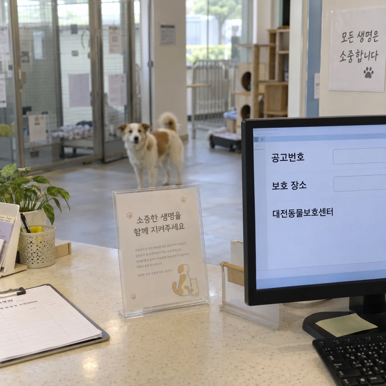 보호소 안내판과 공고 정보를 대조하는 최신 확인 장면