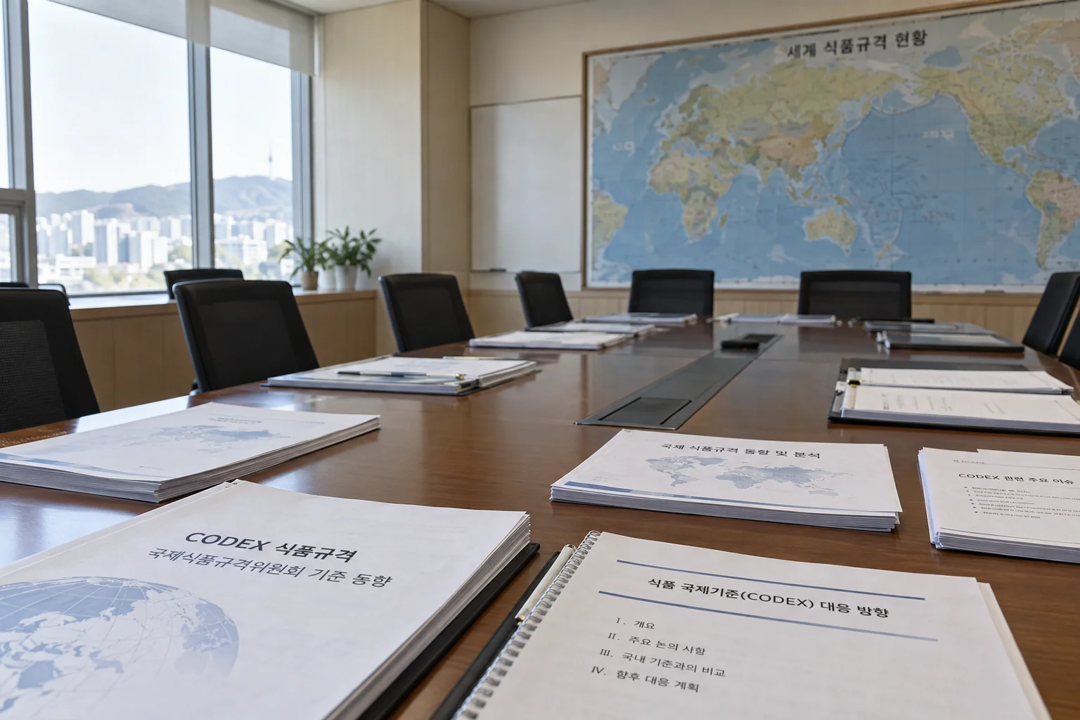 국제 식품 기준 자료를 검토하는 한국의 정책 회의 장면