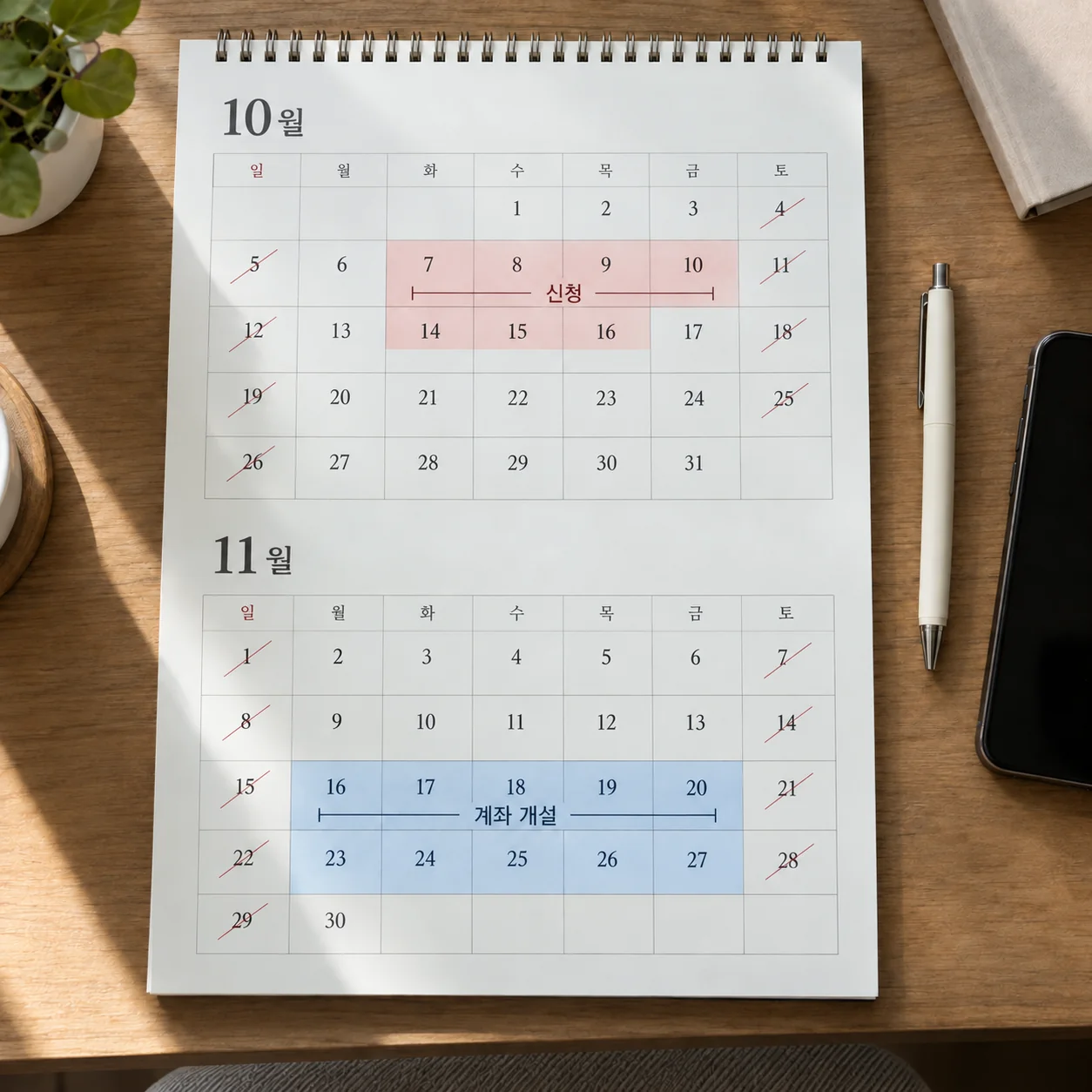 10월 신청과 11월 계좌 개설 일정이 표시된 책상 위 달력