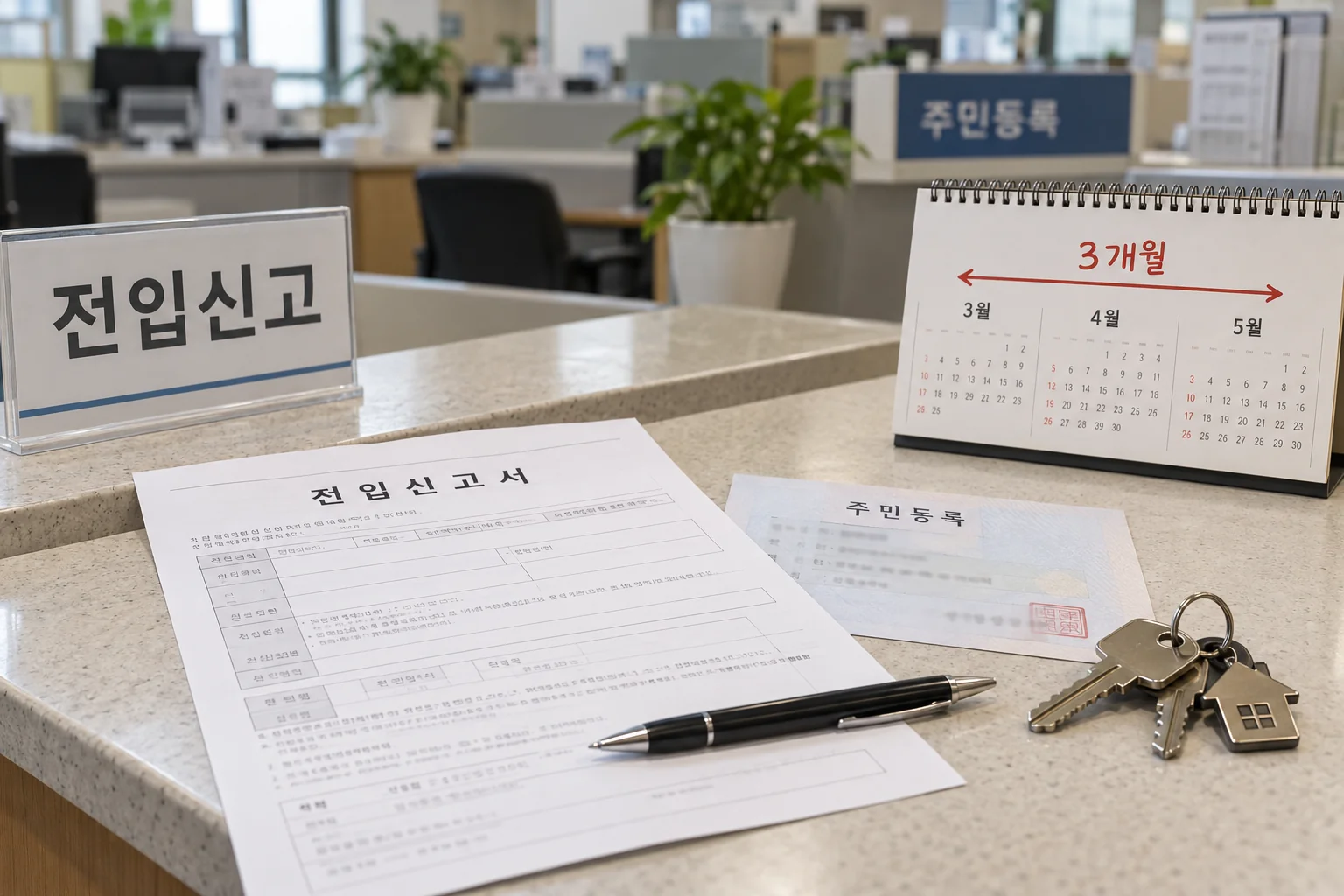 고성군 전입 신청서와 달력으로 3개월 거주 확인 절차를 나타낸 모습